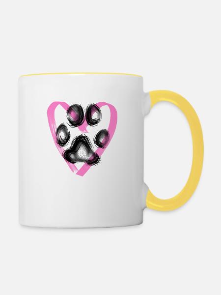 Pfotenabdruck mit Herz, pink - Tasse zweifarbig - Weiß/Gelb