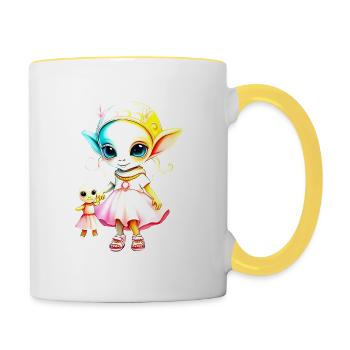 Cute Alien girl with doll - Contrasting Mug - white/yellow - Right