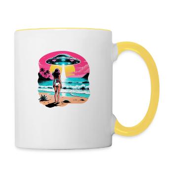 La fille de la plage regarde le coucher de soleil et un OVNI. - Mug contrasté - blanc/jaune - Droite
