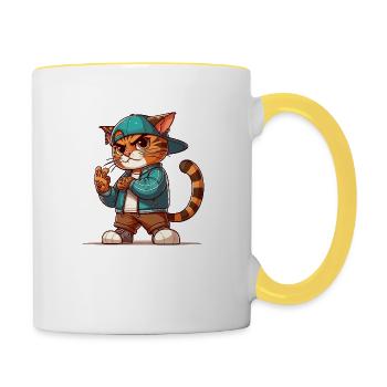 Cat Brat: V-sign - Contrasting Mug - white/yellow - Right