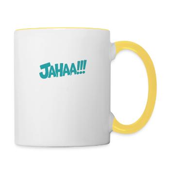 Lustiges Sprüche T-Shirt – JAHAA!!! MACHE ICH - Tasse zweifarbig - Weiß/Gelb - Rechts