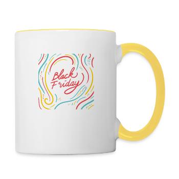 Black Friday Geschenke. Einkaufen. Shoppen bis zum Umfallen. - Tasse zweifarbig - Weiß/Gelb - Rechts