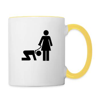 Frau mit Mann an der Leine - Tasse zweifarbig - Weiß/Gelb - Rechts