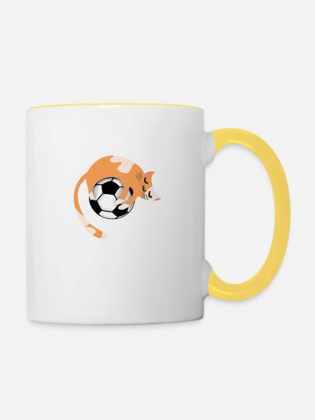 Katze mit Fußball - Tasse zweifarbig - Weiß/Gelb