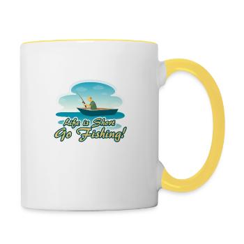 "Life is Short Go Fishing" - Boot Fischer Geschenk - Tasse zweifarbig - Weiß/Gelb - Rechts