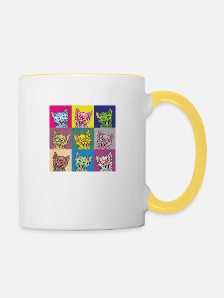 Katzen Pop Art - Tasse zweifarbig - Weiß/Gelb
