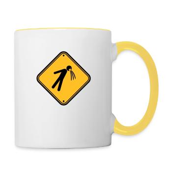 schild vorsicht hinweis kotzen uebergeben brechen - Tasse zweifarbig - Weiß/Gelb - Rechts