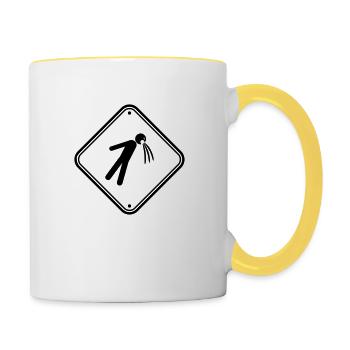schild vorsicht hinweis kotzen uebergeben brechen - Tasse zweifarbig - Weiß/Gelb - Rechts