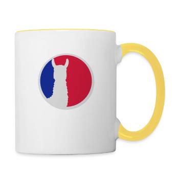 rot blau logo rund kreis silhouette umriss lama ka - Tasse zweifarbig - Weiß/Gelb - Rechts