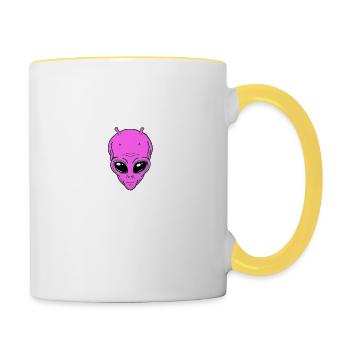 Alien purple alien head with feeler has eye contact - Contrasting Mug - white/yellow - Right