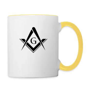 Freimaurer Symbol, Zirkel, Winkel, Gott, Geometrie - Tasse zweifarbig - Weiß/Gelb - Rechts