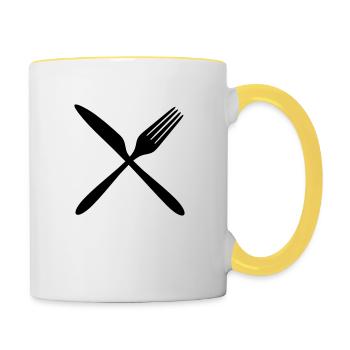 logo kreuz x gabel messer besteck essen gehen hung - Tasse zweifarbig - Weiß/Gelb - Rechts