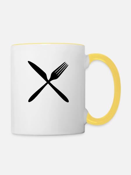 logo croix x fourchette couteau coutellerie nourriture aller accroché - Mug contrasté - blanc/jaune
