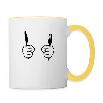 kontur 2 haende gabel messer besteck essen gehen h - Tasse zweifarbig - Weiß/Gelb - Rechts