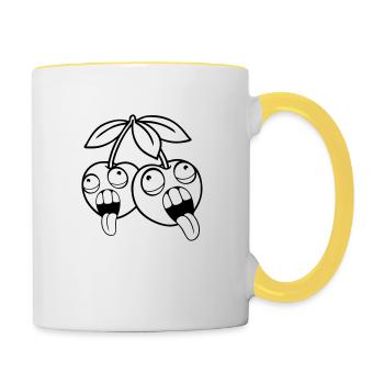 obst 2 freunde kirschen verrueckt gesicht kopf aug - Tasse zweifarbig - Weiß/Gelb - Rechts