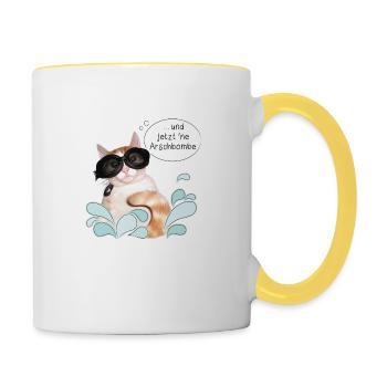 Katze - Sommer - Ferien - Sonne - Arschbombe - DD - Tasse zweifarbig - Weiß/Gelb - Rechts