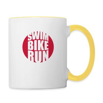 rund kreis logo swim bike run text triathlon sport - Tasse zweifarbig - Weiß/Gelb - Rechts