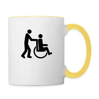 2 freunde team paar schieben behinderung rollstuhl - Tasse zweifarbig - Weiß/Gelb - Rechts
