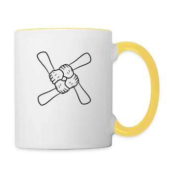 Équipe 4 amis tenant par la main l'équipage aiment la poignée de main - Mug contrasté - blanc/jaune - Droite