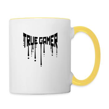drop true gamer graffiti gamble text logo nerd - Contrasting Mug - white/yellow - Right