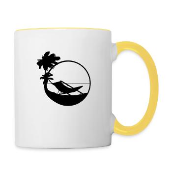 sonne palmen silhouette liegestuhl strandstuhl url - Tasse zweifarbig - Weiß/Gelb - Rechts