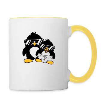 penguin father son daughter baby child pacifier win - Contrasting Mug - white/yellow - Right