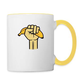 faust banane obst lecker hunger essen gesund hand - Tasse zweifarbig - Weiß/Gelb - Rechts