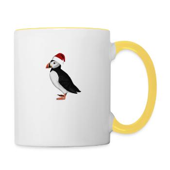 Gemalter Papageitaucher mit Weihnachtsmütze - Tasse zweifarbig - Weiß/Gelb - Rechts