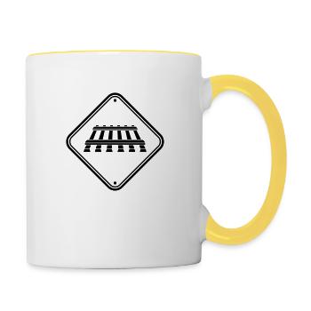 Schild Achtung Gleis - Tasse zweifarbig - Weiß/Gelb - Rechts