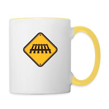 Achtung Gleis Schild - Tasse zweifarbig - Weiß/Gelb - Rechts