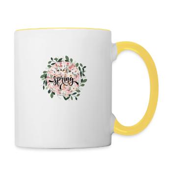 Bonjour motif de fleurs de printemps - Mug contrasté - blanc/jaune - Droite