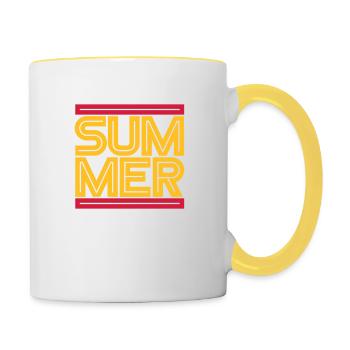 Rote Balken Summer Design Logo Palmen Text Wasser - Tasse zweifarbig - Weiß/Gelb - Rechts
