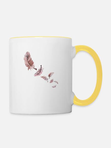 Sieben rosa Flamingofedern - Tasse zweifarbig - Weiß/Gelb