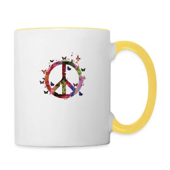 Weltfrieden, Frieden, Friedenssymbol, Friedenszeichen - Tasse zweifarbig - Weiß/Gelb - Rechts