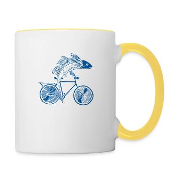 Fish with bicycle /motive in blue, white and black - Contrasting Mug - white/yellow - Right