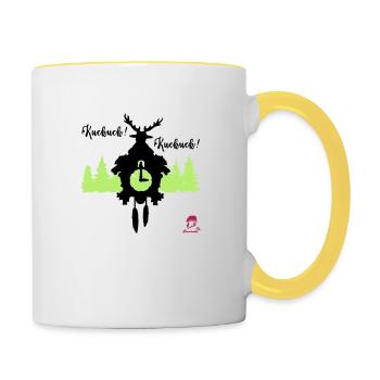 Kuckuck...Kuckuck... Kuckucksuhr mit Hirschgeweih - Tasse zweifarbig - Weiß/Gelb - Rechts