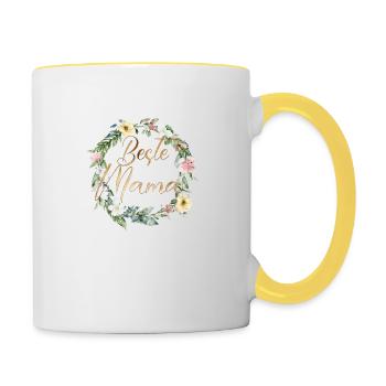 Beste Mama - Floral - Kranz personalisierbar - Tasse zweifarbig - Weiß/Gelb - Rechts