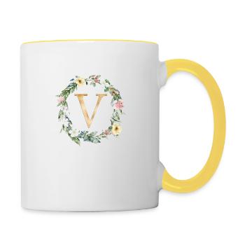 Personalisierbar Monogramm Watercolour Floral V - Tasse zweifarbig - Weiß/Gelb - Rechts