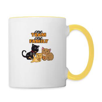 team family cat pizza department head funny - Contrasting Mug - white/yellow - Right