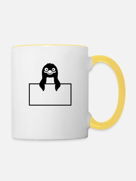 Schild Pinguin Text einfügen - Tasse zweifarbig - Weiß/Gelb