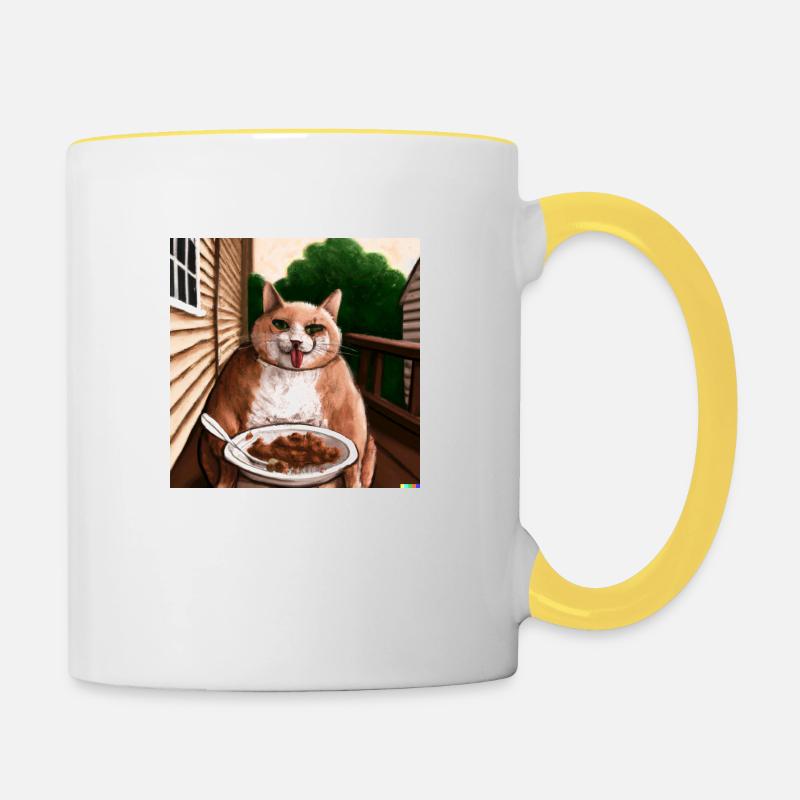 Cat with tongue outstretched eats on balcony - Contrasting Mug - white/yellow