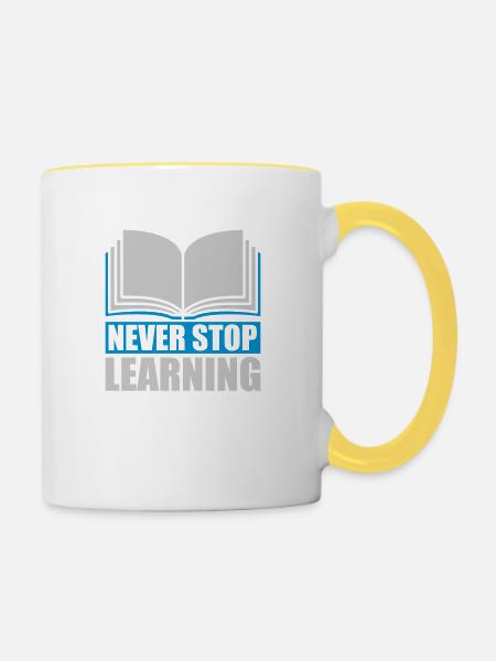 never stop learning Zitat - Tasse zweifarbig - Weiß/Gelb