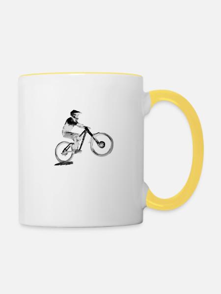 MTB bergab - Tasse zweifarbig - Weiß/Gelb