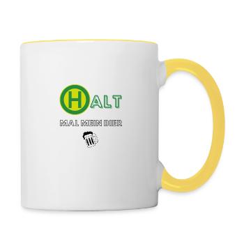 Halt mal mein Bier - Tasse zweifarbig - Weiß/Gelb - Rechts