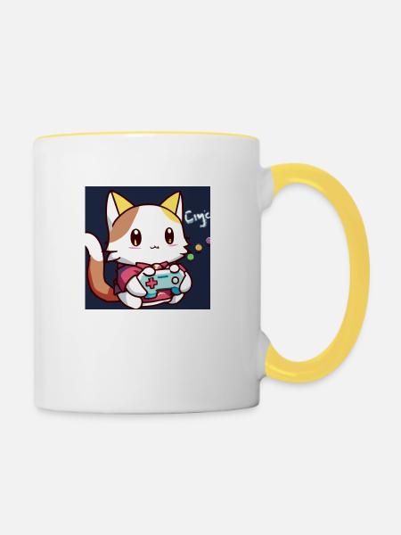 kaweii cat playing computer games - Tasse zweifarbig - Weiß/Gelb
