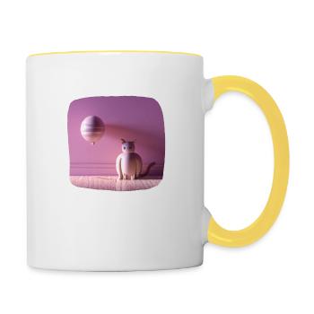 Rosa Katze mit einem Ballon - Tasse zweifarbig - Weiß/Gelb - Rechts