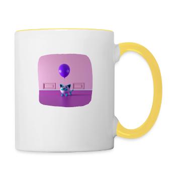 Eine Katze mit Schnurrbart, die einen Ballon hält - Tasse zweifarbig - Weiß/Gelb - Rechts