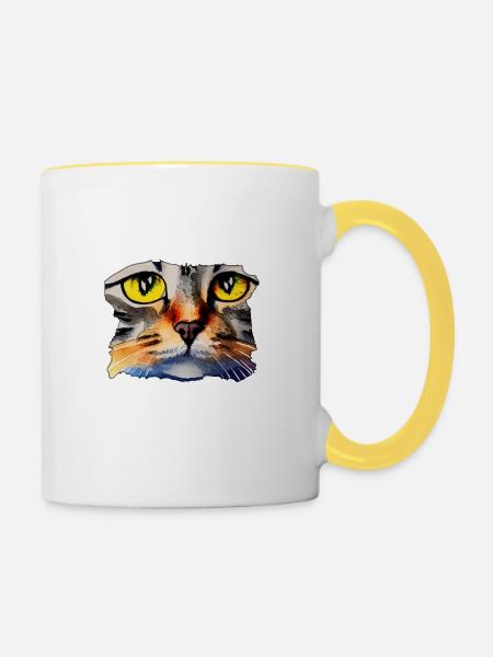 Katzengesicht 2 - Tasse zweifarbig - Weiß/Gelb