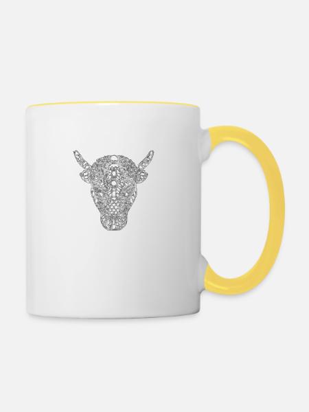 Zentangle-Kuhkopf - Tasse zweifarbig - Weiß/Gelb