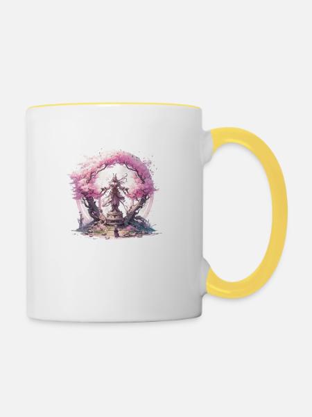 Statue unter einem Kirschblütenbaum - Tasse zweifarbig - Weiß/Gelb
